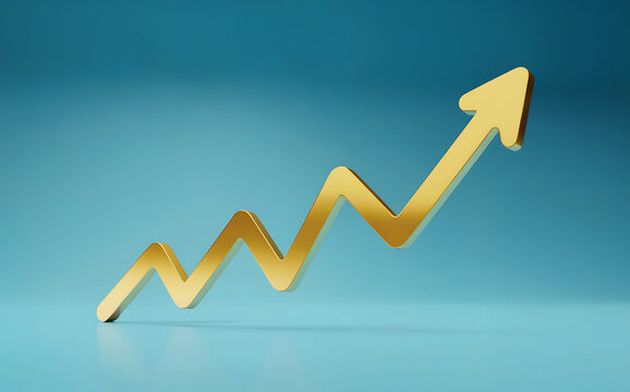 Golden arrow graph showing upward trend on a blue background, symbolizing growth, success, and positive financial performance in business and investment