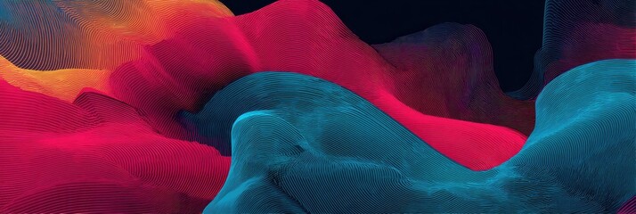 Abstract flowing forms of vibrant layered filaments on dark background