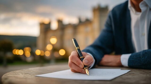 Close-up artistic capture of a hand signing paper outdoors, fountain pen reflecting sunset hues, blurred home facade and glowing sky evoking sense of completion and peace
