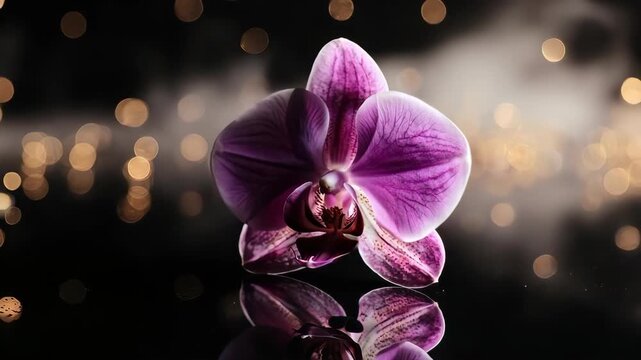 A blooming orchid with vibrant purple petals, set against a dark, bokeh-filled background, reflecting on a glossy surface.