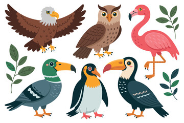 Obraz premium A diverse collection of cartoon birds are displayed in a colorful illustration.