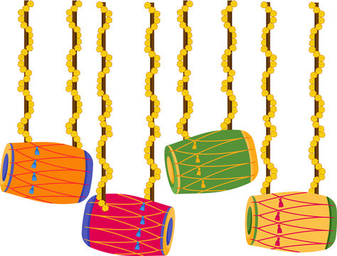 wedding dhol hanging with marigold garlands backdrop decoration for haldi mehendi sangeet function