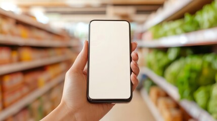 Hand holds a blank smartphone in a grocery store aisle ready for promotions or advertisements, mockup design, shopping list