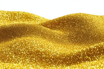 Golden glitter dunes shimmer against a crisp white background