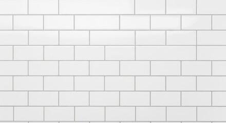 Obraz premium White Subway Tile Wall Texture. white subway tile wall. The tiles are rectangular, glossy white, arranged in a brick bond pattern with clean grey grout lines. Clean, bright, and sanitary look