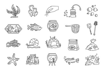 Aquarium set in outline line art for creating underwater scenes with various marine items and elements perfect for enhancing illustration projects through charming aquatic designs