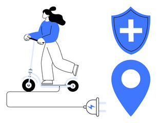 Woman enjoying a ride on an electric scooter paired with location pin, health shield, and charging cable. Ideal for eco-transport, mobility, navigation, health, technology, energy and lifestyle