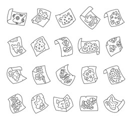 Map treasure set in outline line art with ancient paper parchment routes showing navigation paths exploration charts old scrolls journey guides location symbols