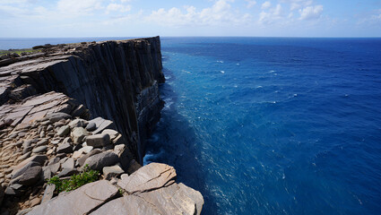Dramatic ocean cliffs with rugged rock formations overlooking the deep blue sea under a partly cloudy sky, showcasing the powerful beauty of the coastline and natural landscape.
