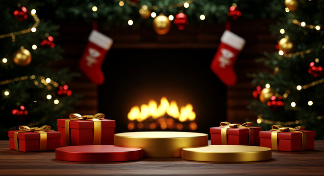 Festive Christmas Product Display with Fireplace and Presents