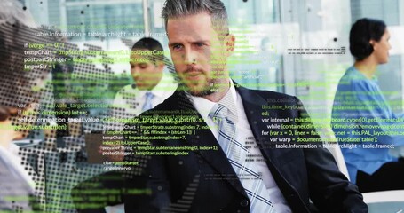 Man holding tab talking in biz meet, starting code overlay settling as cam zooming for analytics - Powered by Adobe