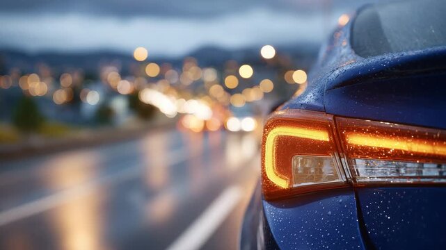 Close-up of car&rsquo;s amber turn signal blinking, wet asphalt reflecting evening lights, city street at dusk, indicating lane change, modern traffic safety concept