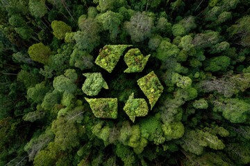 Recycling symbol shaped in green foliage, aerial view of forest canopy