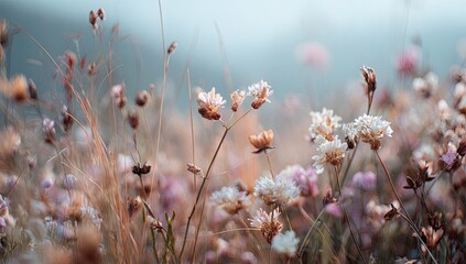 Soft focus wildflower meadow with pastel hues under a hazy, diffused sky