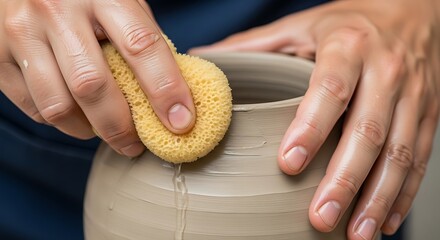 Hands shaping pottery with wet sponge during ceramic art workshop class
