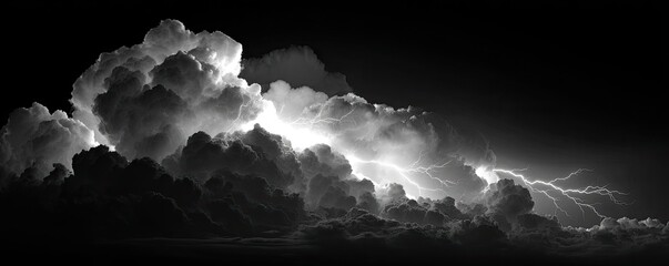Dark storm cloud illuminated by lightning, black and white contrast