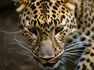 Naklejka premium Intense close-up portrait of a leopard with striking eyes and spotted fur