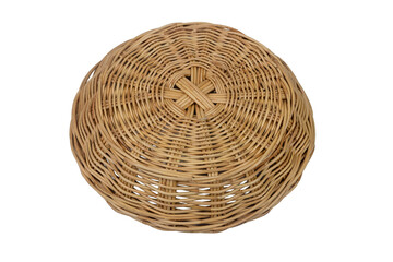 Empty brown handmade wicker woven straw basket isolated on white background
