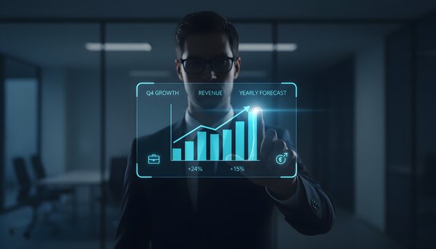 Businessman analyzing financial growth and yearly revenue forecast on a futuristic holographic interface - Powered by Adobe