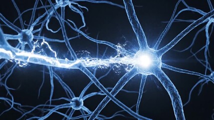 Close up of a glowing blue neuron transmitting an electrical impulse across its synapse in a dark neural network - Powered by Adobe