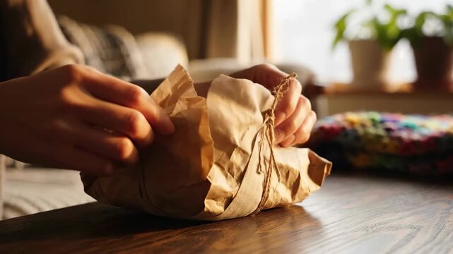 Hands unwrapping a rustic brown paper package tied with twine on a wooden table, bathed in warm natural light.