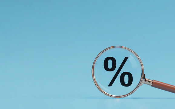 A magnifying glass focuses on a percentage symbol, representing interest rates, discounts, or financial analysis in a clear blue background