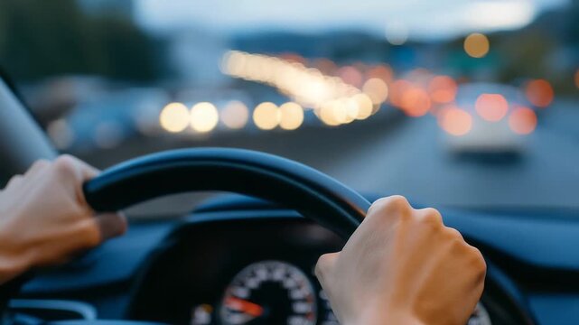 Close-up of knuckles on steering wheel, traffic congestion ahead, urban road with multiple lanes packed with cars, subtle reflections on windshield glass
