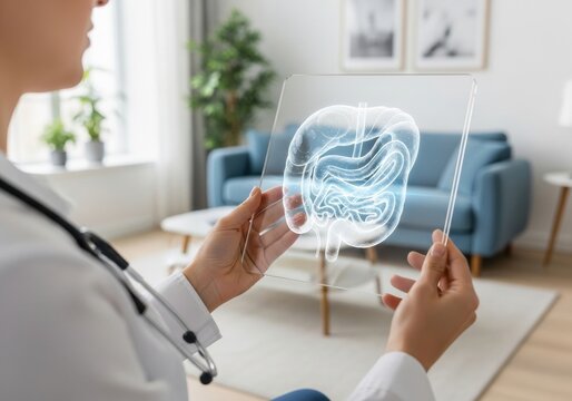 Doctor Examining Intestine Hologram in Modern Living Room.