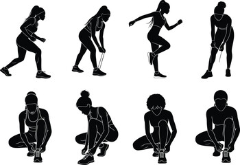 Women silhouette, fitness pose, running preparation, stretching exercise, resistance band workout, shoelace tying, active lifestyle, gym warmup, athletic training, health