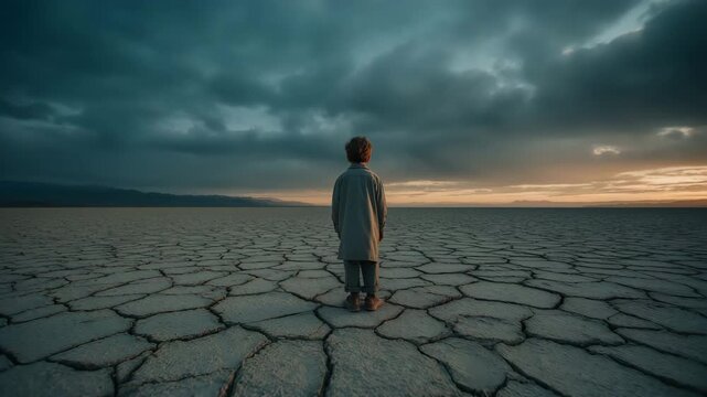 Boy in cracked desert at sunset, resilience, and contemplation in a desolate environment.