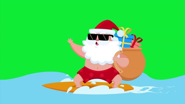 Happy Santa Claus Cartoon Character Surfing On Water With Gift Bag - 4K Animation Video Motion Graphics With Chroma Key Green Screen Background