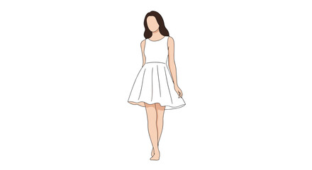 A minimalist and elegant illustration of a faceless woman with long brown hair wearing a simple white sleeveless summer dress.
