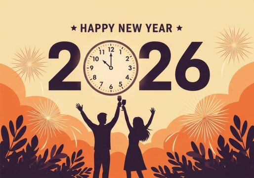 Silhouettes of a couple celebrating the arrival of the new year 2026 with a toast and fireworks