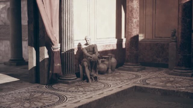 A solitary statue sits quietly in a beautifully designed courtyard featuring detailed mosaics. The setting showcases ornate columns and warm sunlight streaming through soft curtains.