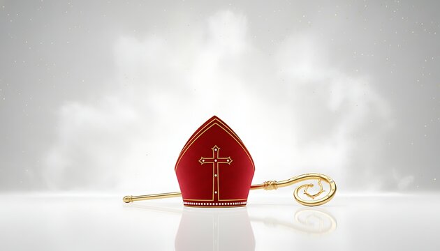 A symbolic representation of religious authority and spiritual guidance featuring a vibrant red bishop s mitre and a golden crosier against a soft ethereal background