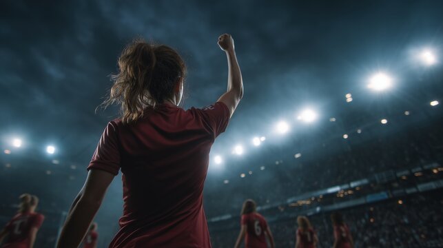 Confident female soccer player celebrating a goal in a stadium as teammates rush to hug her under bright floodlights in a dramatic night sports atmosphere - Powered by Adobe