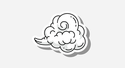 Black and white line art sticker of a stylized swirly japanese or chinese cloud with a border and shadow effect.