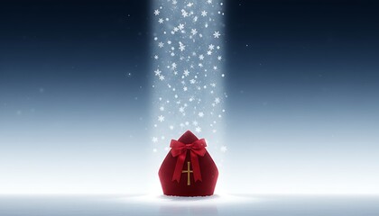 A vibrant red gift bag sits on a reflective surface as a beam of sparkling light and magical particles descends from above creating a sense of wonder and anticipation