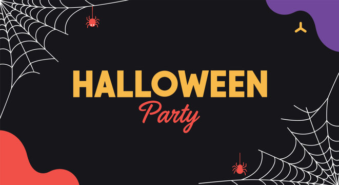 Modern Halloween party banner on a dark background with orange typography spiderwebs and colorful abstract shapes in the corners. - Powered by Adobe