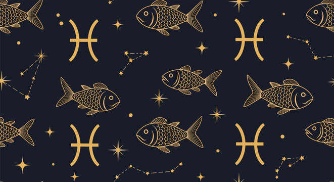 Elegant seamless astrology pattern with golden line art pisces fish zodiac symbols and constellations on a dark background.