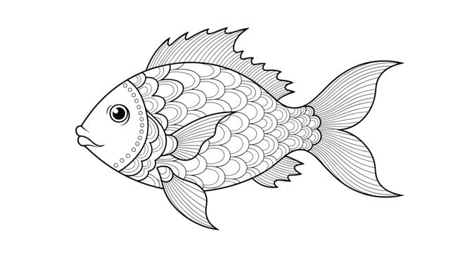 Detailed black and white line art illustration of a decorative fish with zentangle patterns for an adult coloring book page.