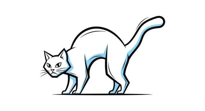 Stylized illustration of an angry or scared white cat arching its back with a bristling tail on a white background.
