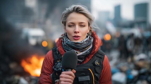 Close-up on reporter&rsquo;s determined face, smoke curling from small fires behind her, urban protest scene in motion, microphone held firmly, conveying professionalism in crisis