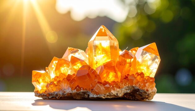 Illuminated orange calcite crystals displayed on a white surface under natural sunlight
