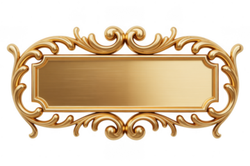 Ornate gold ornate frame with blank plaque isolated on a transparent background