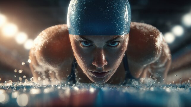 Female swimmer on a starting block at a professional competition, muscles tense in anticipation with pool reflections shimmering under bright overhead sports lighting