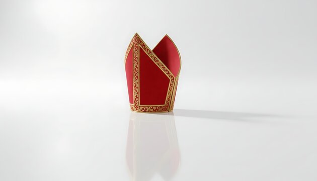 A ceremonial red and gold mitre a tall pointed hat worn by bishops and abbots in the catholic church displayed on a white reflective surface with a subtle shadow