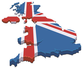 Obraz premium UK country map outline (England, Scotland, Wales) filled with the Union Jack national flag (blue, white, red). (cut out)