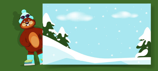 A winter  Frame with space for text. featuring a cute beaver in a hat and ski boots with snowy landscape with trees and snow.  Suitable for posters, postcards and children's drawings.