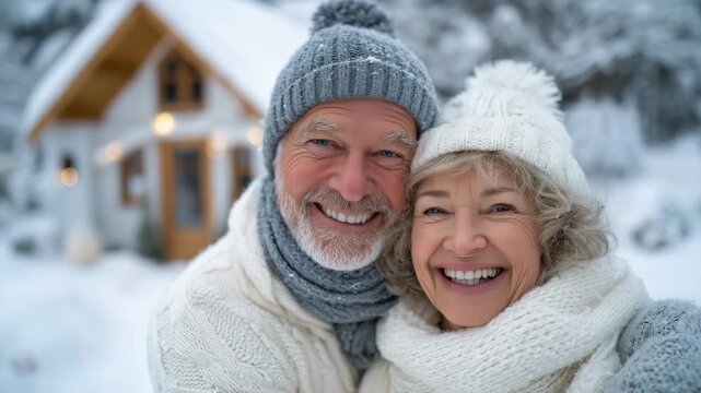 Couple bundled in winter coats smiles while embracing before their charming snow-covered home, soft clouds and pale sunlight creating a serene atmosphere of new beginnings
